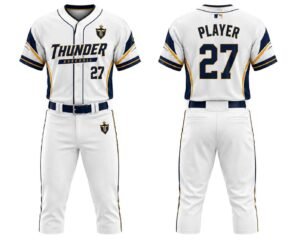 **Alt Text:** `Premium custom baseball uniform with jersey and pants front and back view`
