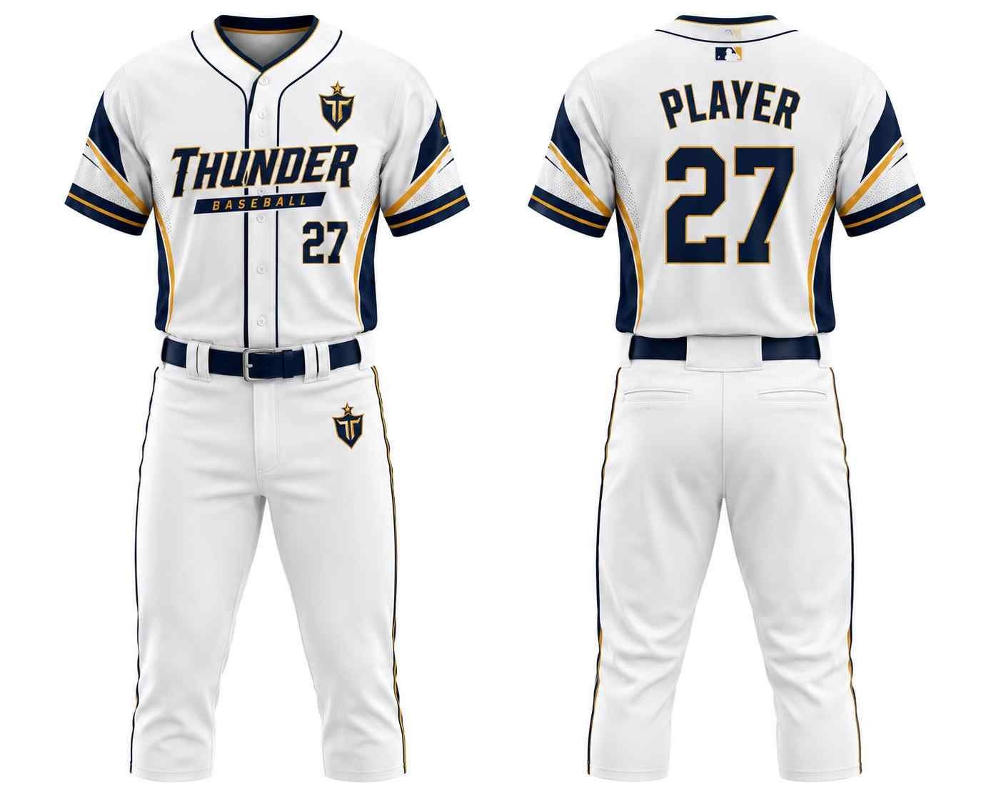 **Alt Text:** `Premium custom baseball uniform with jersey and pants front and back view`